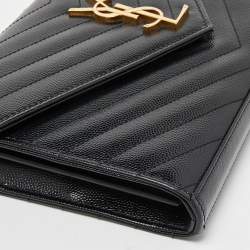Saint Laurent Black Matelasse Leather Monogram Envelope Wallet on Chain
