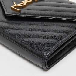 Saint Laurent Black Matelasse Leather Monogram Envelope Wallet on Chain