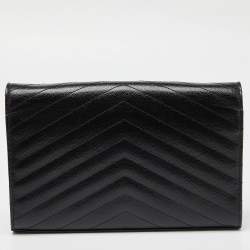 Saint Laurent Black Matelasse Leather Monogram Envelope Wallet on Chain