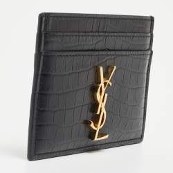 Saint Laurent Black Croc Embossed Leather Monogram Card Holder