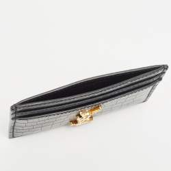 Saint Laurent Black Croc Embossed Leather Monogram Card Holder