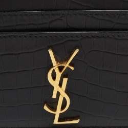 Saint Laurent Black Croc Embossed Leather Monogram Card Holder