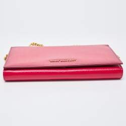 Saint Laurent Fuchsia Textured Patent Leather Classic Wallet on Chain