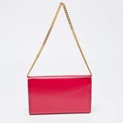 Saint Laurent Fuchsia Textured Patent Leather Classic Wallet on Chain