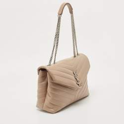 Pre Owned Saint Laurent Beige Matelassé Leather Medium LouLou Shoulder Bag