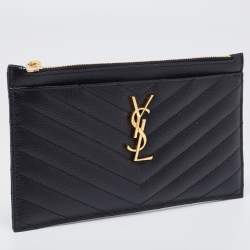 Pre Owned Saint Laurent Black Matelassé Leather Monogram Zip Clutch 