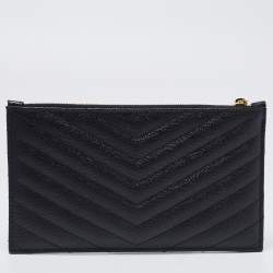 Pre Owned Saint Laurent Black Matelassé Leather Monogram Zip Clutch 