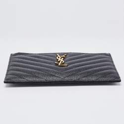 Pre Owned Saint Laurent Black Matelassé Leather Monogram Zip Clutch 