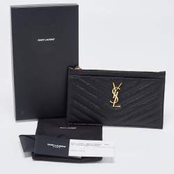 Pre Owned Saint Laurent Black Matelassé Leather Monogram Zip Clutch 