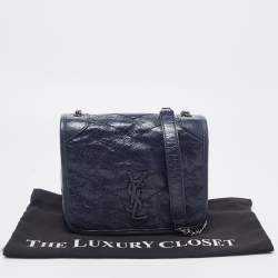 Pre Owned Saint Laurent Navy Blue Crinkled Leather Mini Niki Chain Shoulder Bag