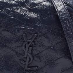 Pre Owned Saint Laurent Navy Blue Crinkled Leather Mini Niki Chain Shoulder Bag