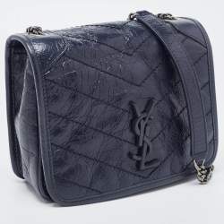 Pre Owned Saint Laurent Navy Blue Crinkled Leather Mini Niki Chain Shoulder Bag