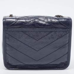 Pre Owned Saint Laurent Navy Blue Crinkled Leather Mini Niki Chain Shoulder Bag