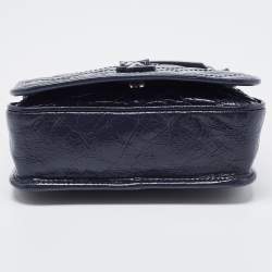 Pre Owned Saint Laurent Navy Blue Crinkled Leather Mini Niki Chain Shoulder Bag