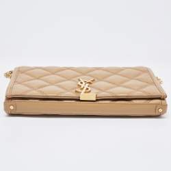 Pre Owned Saint Laurent Tan Quilted Leather Becky Wallet On Chain