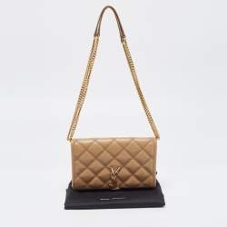 Pre Owned Saint Laurent Tan Quilted Leather Becky Wallet On Chain
