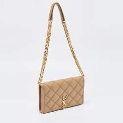 Pre Owned Saint Laurent Tan Quilted Leather Becky Wallet On Chain