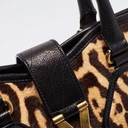 Saint Laurent Black Leather and Leopard Calfhair Medium Cabas Chyc Tote