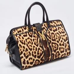 Saint Laurent Black Leather and Leopard Calfhair Medium Cabas Chyc Tote