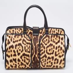 Saint Laurent Black Leather and Leopard Calfhair Medium Cabas Chyc Tote