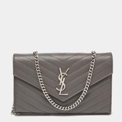Pre Owned Saint Laurent Grey Matelassé Leather Monogram Envelope Wallet On Chain
