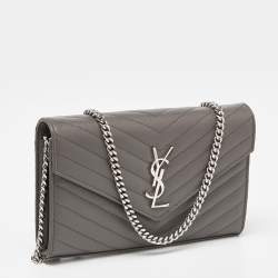 Pre Owned Saint Laurent Grey Matelassé Leather Monogram Envelope Wallet On Chain