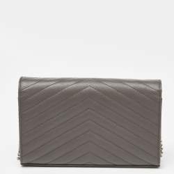 Pre Owned Saint Laurent Grey Matelassé Leather Monogram Envelope Wallet On Chain