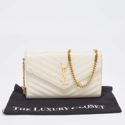 Saint Laurent White Matelasse Leather Monogram Envelope Wallet on Chain