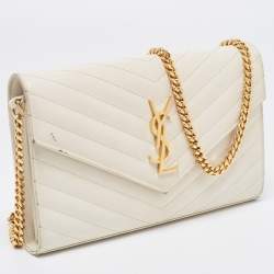 Saint Laurent White Matelasse Leather Monogram Envelope Wallet on Chain
