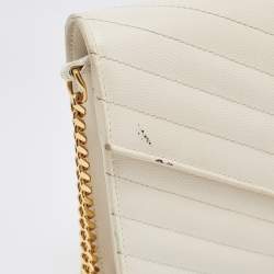 Saint Laurent White Matelasse Leather Monogram Envelope Wallet on Chain