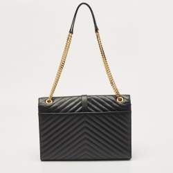 Pre Owned Saint Laurent Black Matelassé Leather Large Monogram Envelope Shoulder Bag