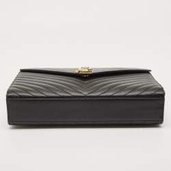 Pre Owned Saint Laurent Black Matelassé Leather Large Monogram Envelope Shoulder Bag
