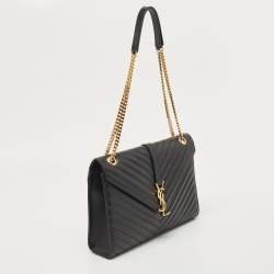 Pre Owned Saint Laurent Black Matelassé Leather Large Monogram Envelope Shoulder Bag