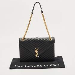 Pre Owned Saint Laurent Black Matelassé Leather Large Monogram Envelope Shoulder Bag