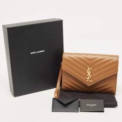 Saint Laurent Beige Chevron Leather Monogram Envelope Wristlet Clutch