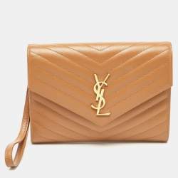 Saint Laurent Beige Chevron Leather Monogram Envelope Wristlet Clutch