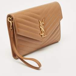 Saint Laurent Beige Chevron Leather Monogram Envelope Wristlet Clutch