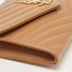 Saint Laurent Beige Chevron Leather Monogram Envelope Wristlet Clutch