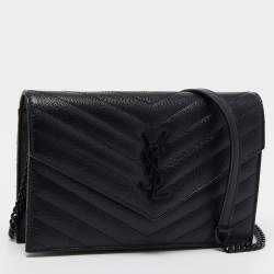 Saint Laurent Black Matelasse Leather Monogram Envelope Wallet on Chain