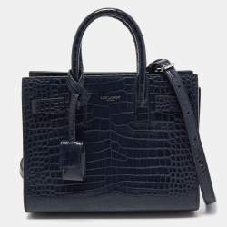 Pre Owned Saint Laurent Blue Croc Embossed Leather Nano Classic Sac De Jour Tote