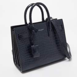 Pre Owned Saint Laurent Blue Croc Embossed Leather Nano Classic Sac De Jour Tote