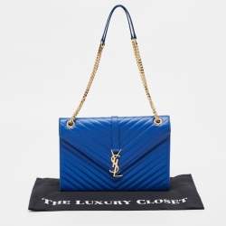 Pre Owned Saint Laurent Blue Matelassé Leather Large Monogram Envelope Shoulder Bag