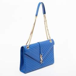 Pre Owned Saint Laurent Blue Matelassé Leather Large Monogram Envelope Shoulder Bag