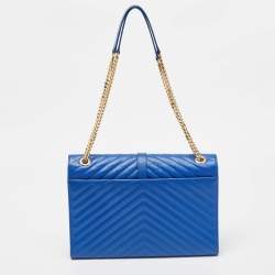 Pre Owned Saint Laurent Blue Matelassé Leather Large Monogram Envelope Shoulder Bag