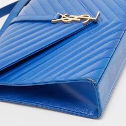 Pre Owned Saint Laurent Blue Matelassé Leather Large Monogram Envelope Shoulder Bag