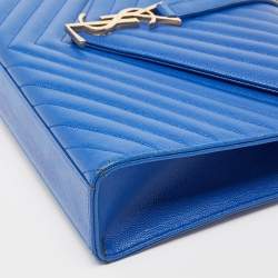 Pre Owned Saint Laurent Blue Matelassé Leather Large Monogram Envelope Shoulder Bag