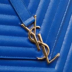 Pre Owned Saint Laurent Blue Matelassé Leather Large Monogram Envelope Shoulder Bag