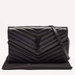 Saint Laurent Black Matelasse Leather Monogram Envelope Wallet on Chain
