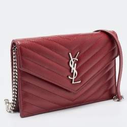 Saint Laurent Dark Red Matelasse Leather Monogram Envelope Wallet on Chain