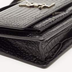 مملوكة مسبقًا Saint Laurent Black Croc Embossed Leather Sunset Chain Wallet Bag